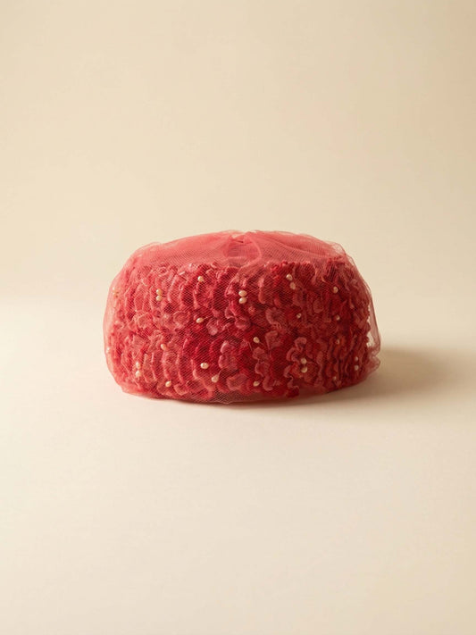 1960s Coral Hot Pink Velvet Flower Tulle Pillbox Hat – Vintage Mid Century Tea Party Hat