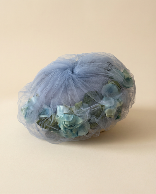 1960s Periwinkle Blue Tulle Floral Hat – Vintage Lavender Mid Century Dress Hat