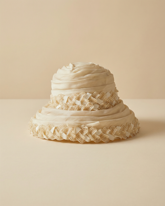 Vintage 1960s Cream Silk Chiffon Ribbon Bucket Hat – Lace Trim Wide Brim Garden Party Wedding Hat