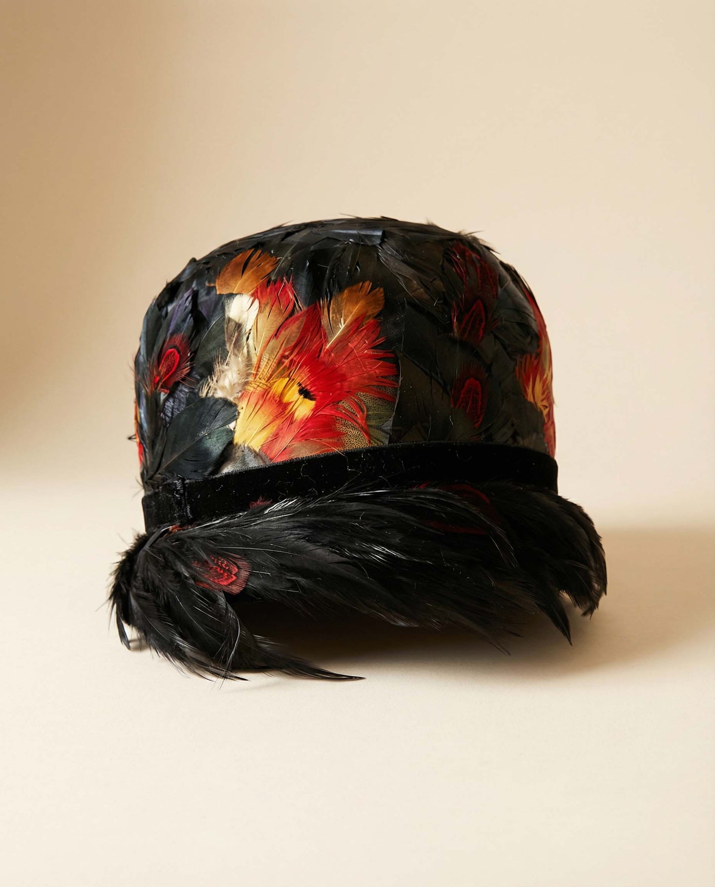 Luxury Vintage Feather Cloche Hat 1920s Art Deco Black Red Orange Evening Statement Hat