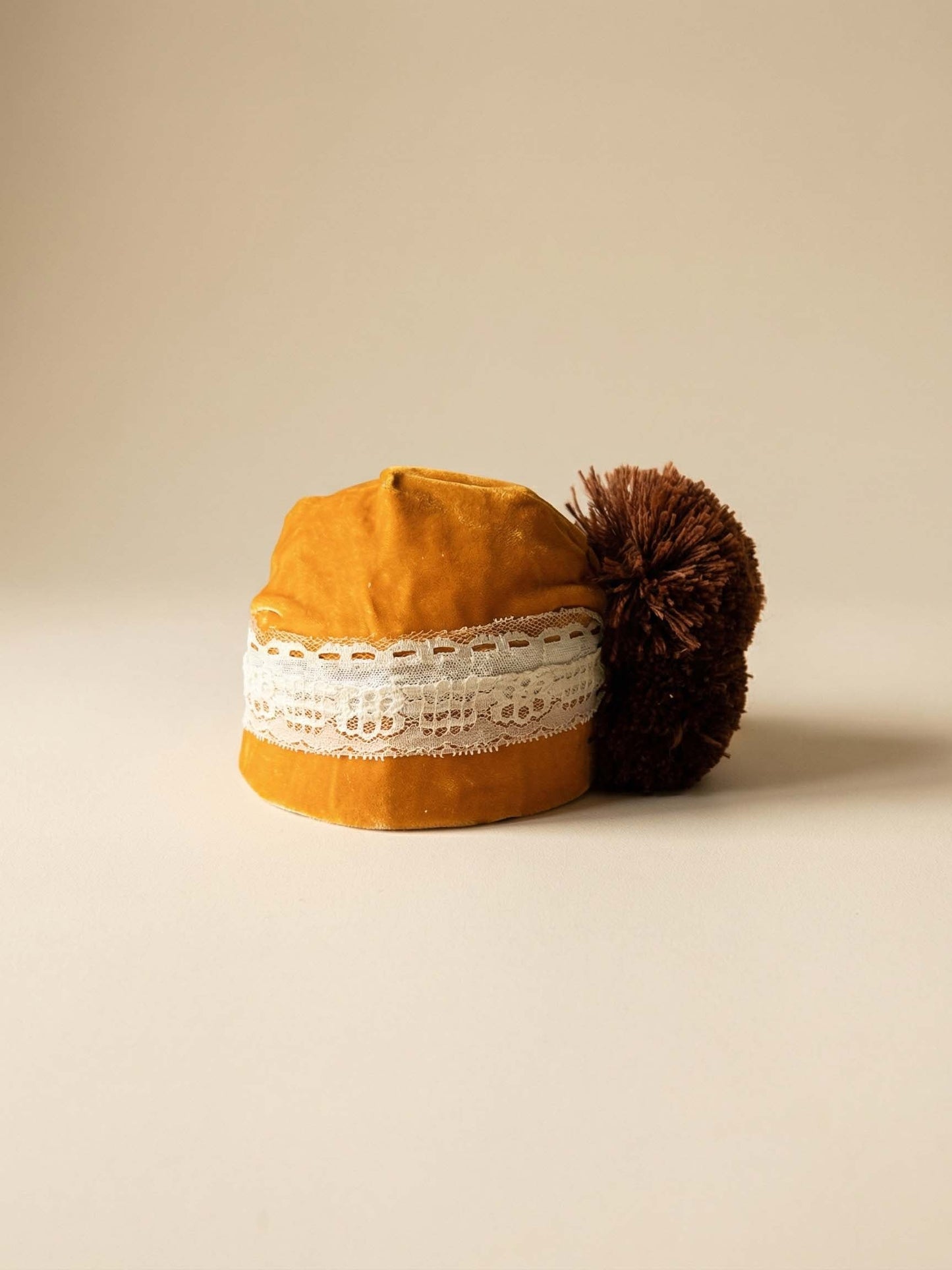Vintage Mustard Velvet Tilt Hat – Handsewn Bridgerton Style Updo Hat with Lace & Feather Pom