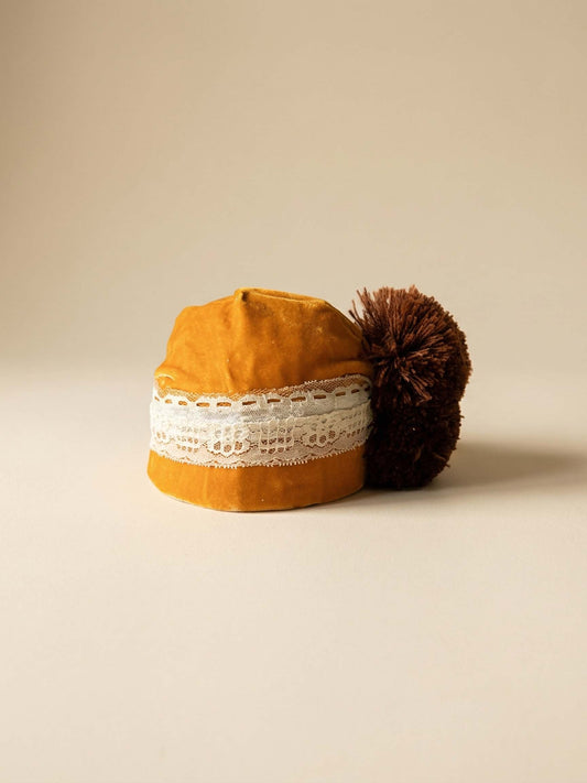 Vintage Mustard Velvet Tilt Hat – Handsewn Bridgerton Style Updo Hat with Lace & Feather Pom