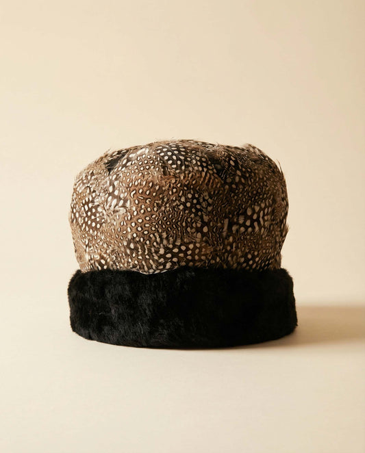 Vintage 1960s Coralie Feather Pillbox Hat – Wool Felt & Guinea Fowl with Black Fur Trim
