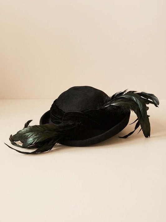 Vintage 1930s 1940s Black Wool Felt Feather Hat – Old Hollywood Tilt Hat – Dramatic Wide Brim Statement – Classic Film Noir Style