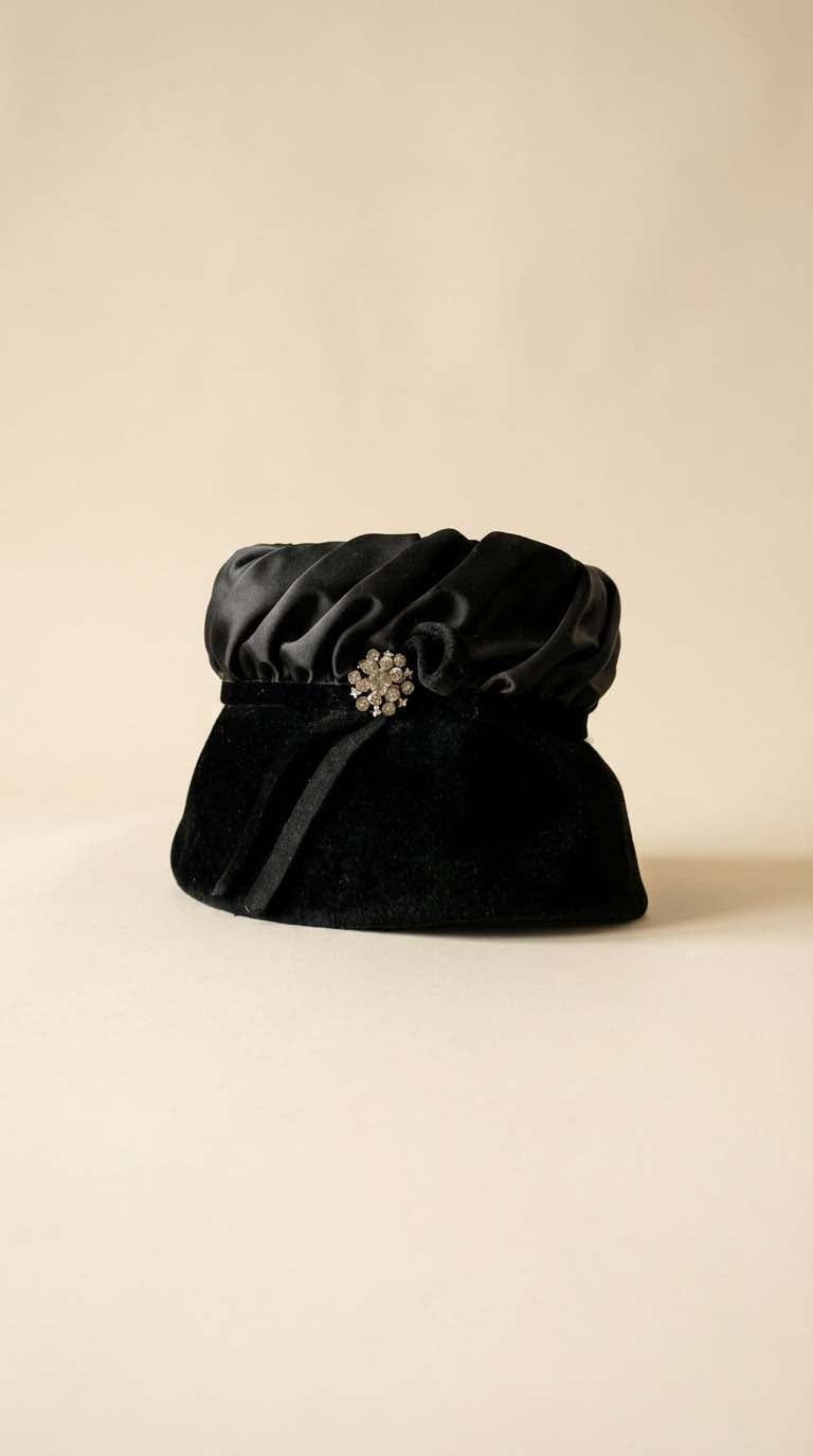 Vintage 1950s Roberta Bernays Original Black Velvet & Satin Rhinestone Hat – Sculpted Cocktail Pillbox, Made in France
