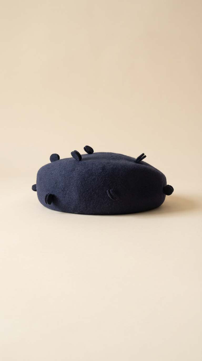 Vintage Phyllis Mae Navy Blue Wool Beret – 1950s Sculpted Felt Hat with Dimensional Dot Detail