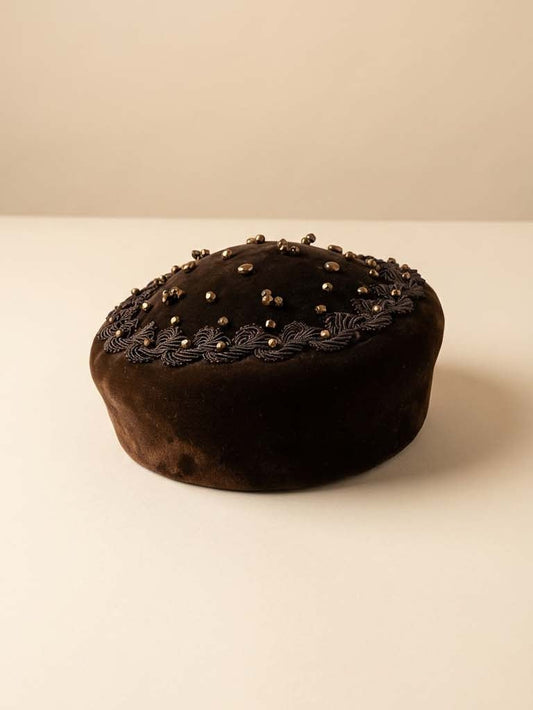 Vintage Brown Velvet Beaded Cocktail Hat – 1950s Bronze Studded Pillbox with Embroidered Trim