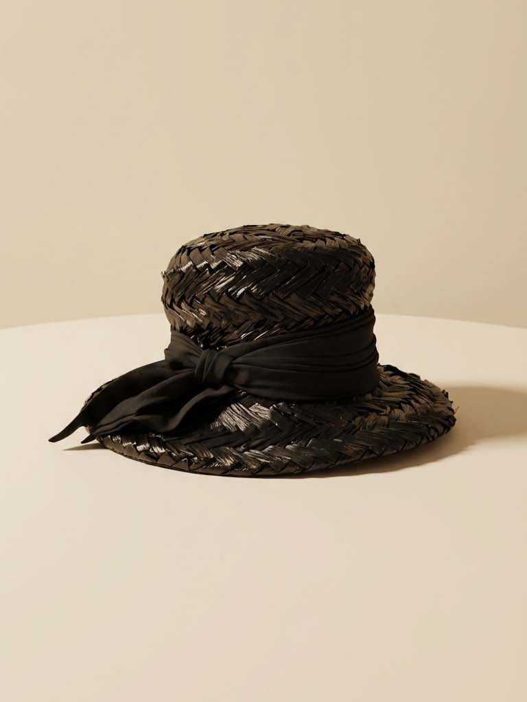 Vintage Black Raffia Bucket Hat – Katz Nannette Chapeaux Woven Straw with Silk Wrap Bow