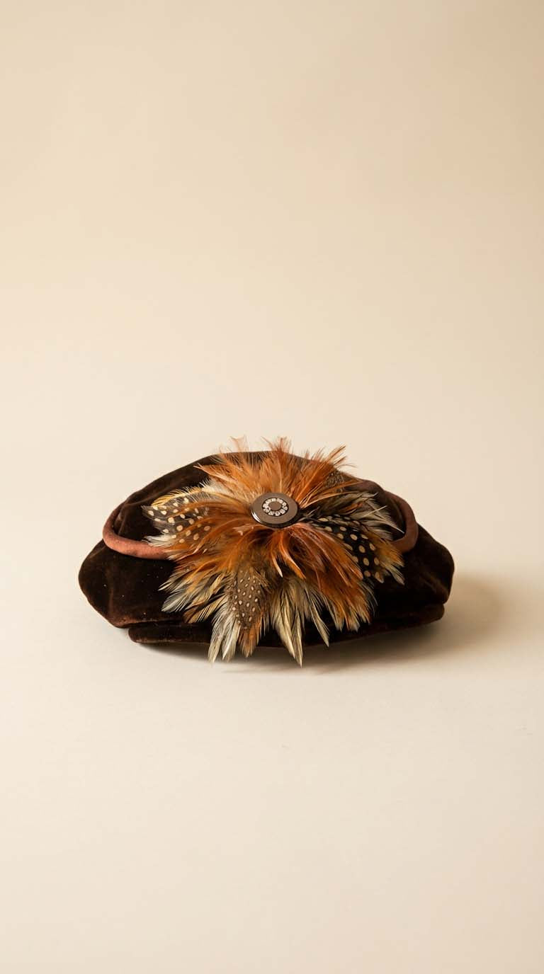 Vintage Noreen Fashion Brown Velvet Hat with Feather & Rhinestone Accent – 1930s -1950s Tilt Cocktail Hat