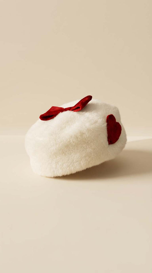 Vintage Ivory Angora Beret – ORLON Fuzzy Hat with Red Velvet Bow & Heart Appliqué