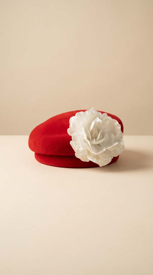Vintage Red Wool Felt Tilt Hat with White Flower – Restored 1940s 1950s Italian Opera Hat – Classic Hollywood Glamour Statement