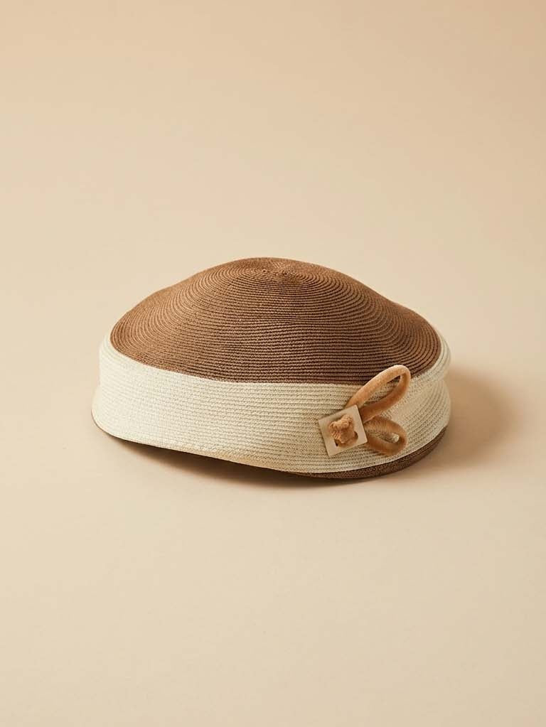 Vintage 1960s Brown & Cream Straw Hat – Joseph Horne Co Pittsburgh – Cromwell Hats – Two Tone Summer Pillbox Cap with Bow Detail