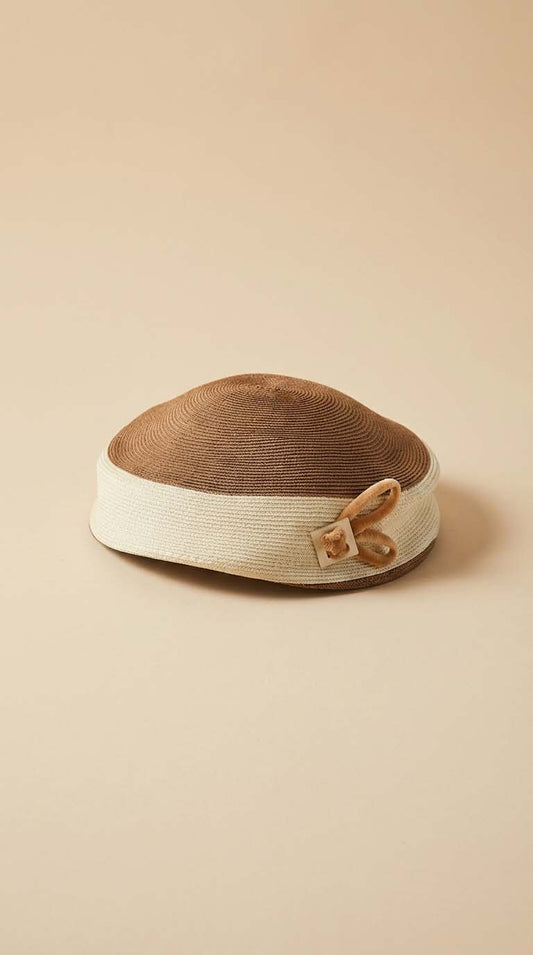 Vintage 1960s Brown & Cream Straw Hat – Joseph Horne Co Pittsburgh – Cromwell Hats – Two Tone Summer Pillbox Cap with Bow Detail