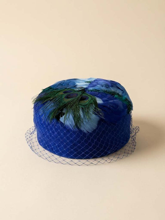Vintage Royal Blue Velvet Feather Hat – Peacock Trim Net Veil Cocktail Fascinator