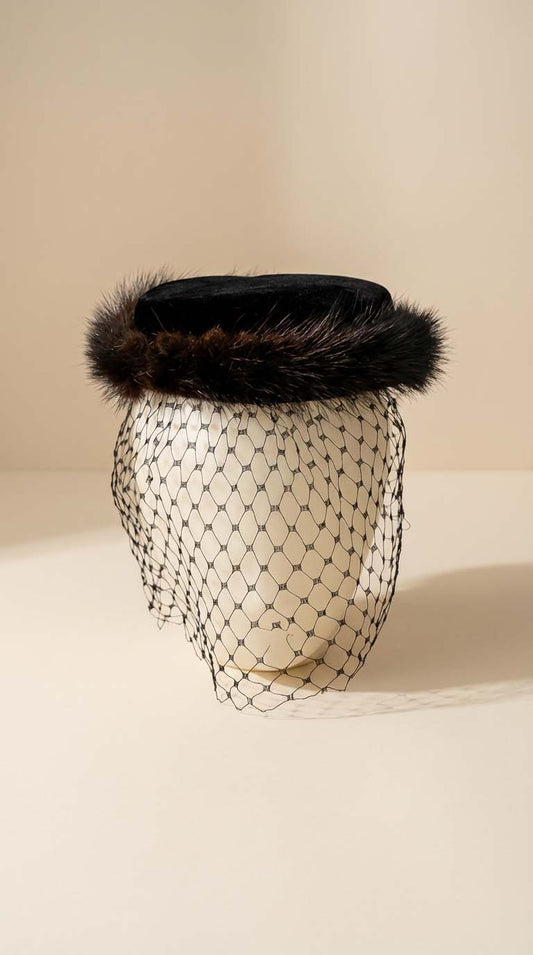 Vintage 1950s Black Mink Fur Pillbox Hat with Birdcage Veil – Mid Century Cocktail Fascinator