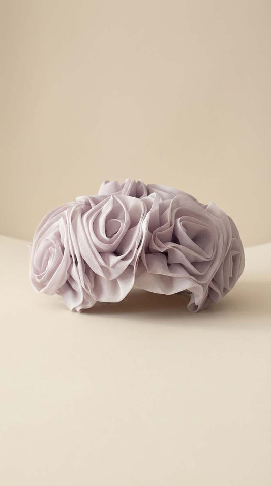 Vintage 1950s Lavender Organza Rose Fascinator Hat – Lilac Floral Cocktail Hat, Sculptural Flower Crown, Mid Century Garden Party Headpiece