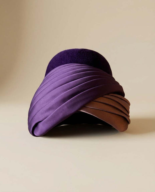 1950s Schiaparelli Paris Vintage Turban Hat – Purple Wool, Satin & Silk Draped Cocktail Hat