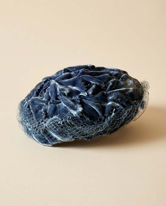 Vintage Norman Durand Original Blue Velvet Hat – 1950s Cocktail Halo with Veil, “Something Blue” Bridal Millinery