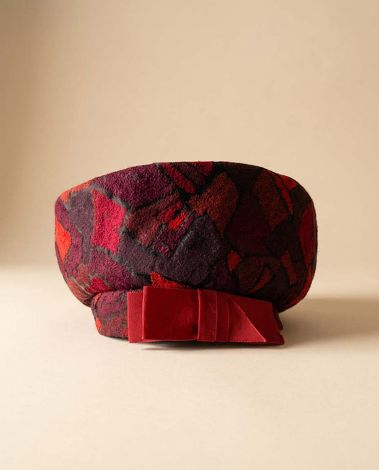 Vintage 1950s Burgundy & Red  Velvety Brocade Hat – Sculpted Mid-Century Cocktail Cap with Grosgrain Bow