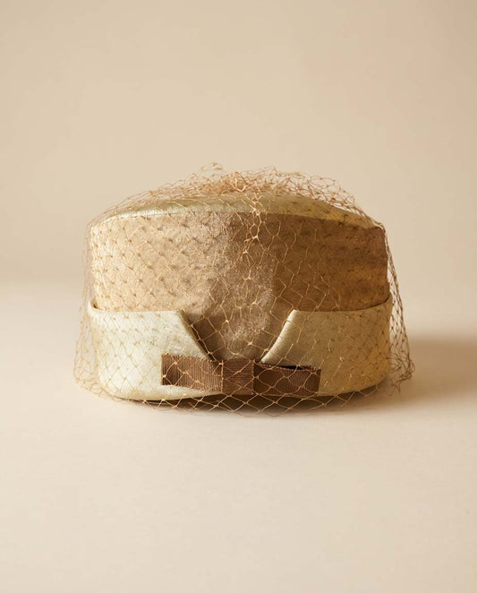 Vintage 1960s Tan Pillbox Hat with Veil – Champagne Satin Cocktail Hat, Mid-Century Formal Millinery