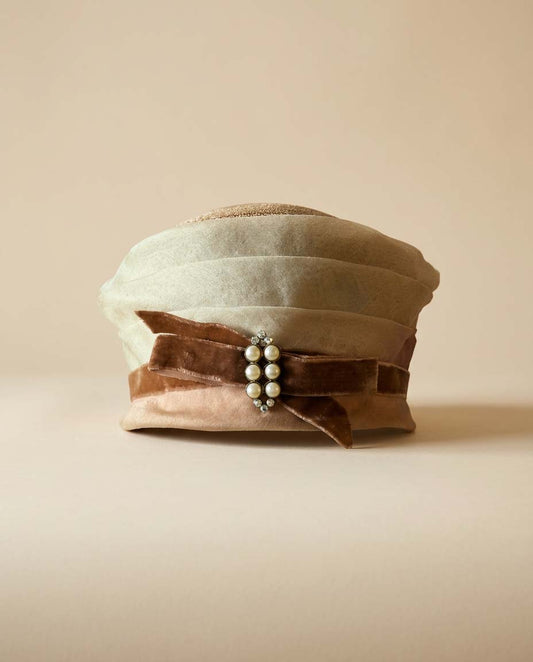 Vintage 1950s Greenlawn New York Straw & Silk Cocktail Hat – Pearl and Rhinestone Velvet Bow