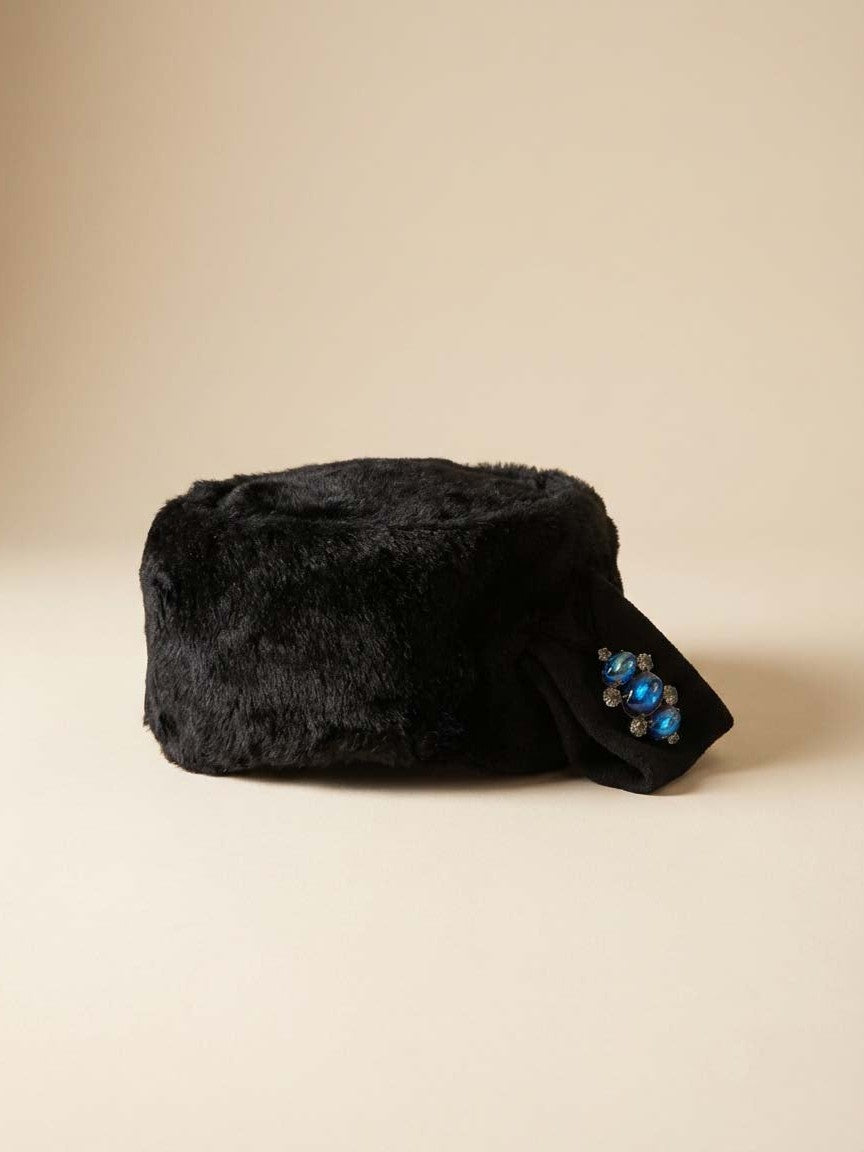 Vintage 1950s Sincerely Jenny Black Fur Hat – Rhinestone &amp; Blue Cabochon Fur Pillbox Hat