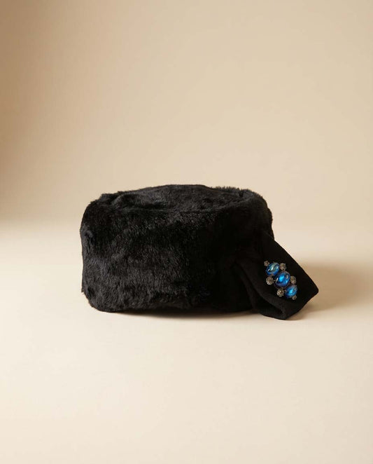 Vintage 1950s Sincerely Jenny Black Fur Hat – Rhinestone &amp; Blue Cabochon Fur Pillbox Hat