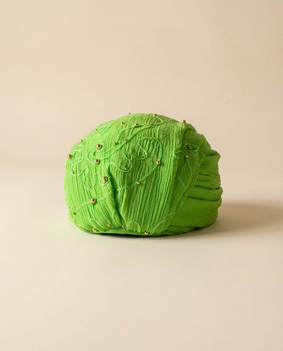 Vintage 1950s Bright Green Structured Turban Hat – Beaded Structured Spring Boho Hat