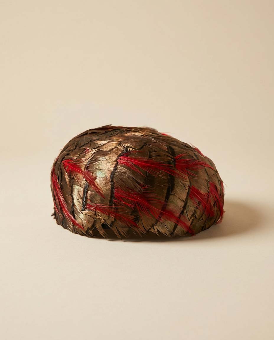 Vintage Asymmetrical Feather Cocktail Hat – Brown / Grey Feather Cap with Red Feather Accents