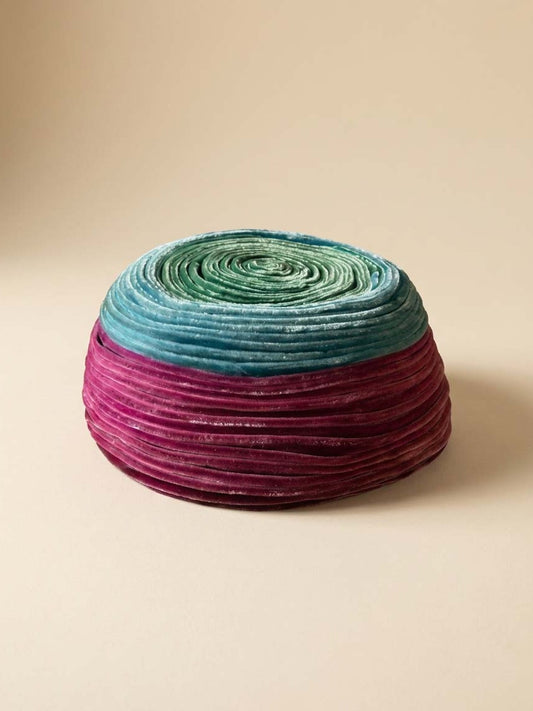 Vintage Mr. Stanley for G. Fox & Co Velvet Pillbox Hat – Pink &amp; Aqua Spiral Ribbon Designer Hat 1950s–1960s