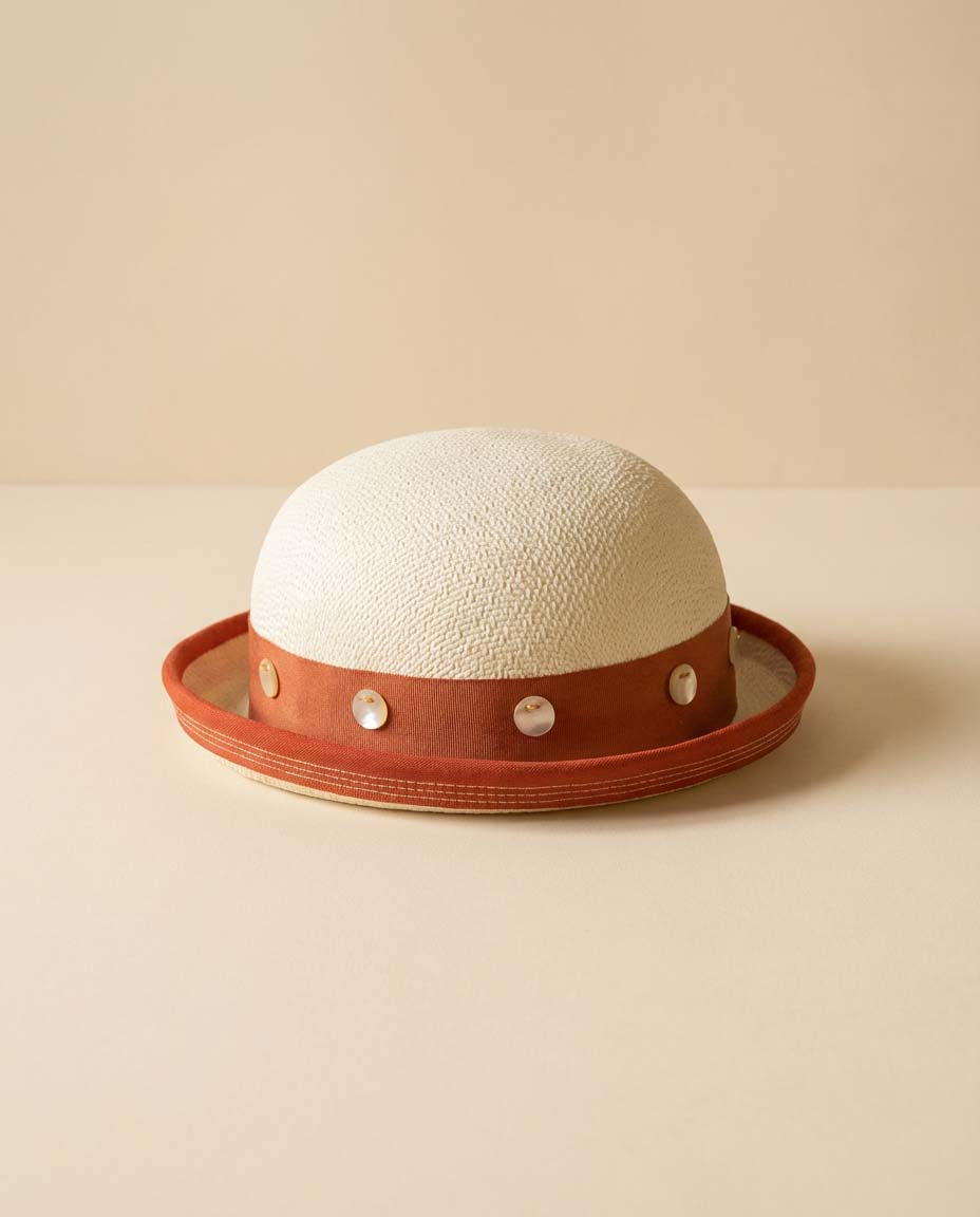 Vintage 1960s Cream Straw Breton Boater Hat with Rust Red Ribbon and Mother of Pearl Studs