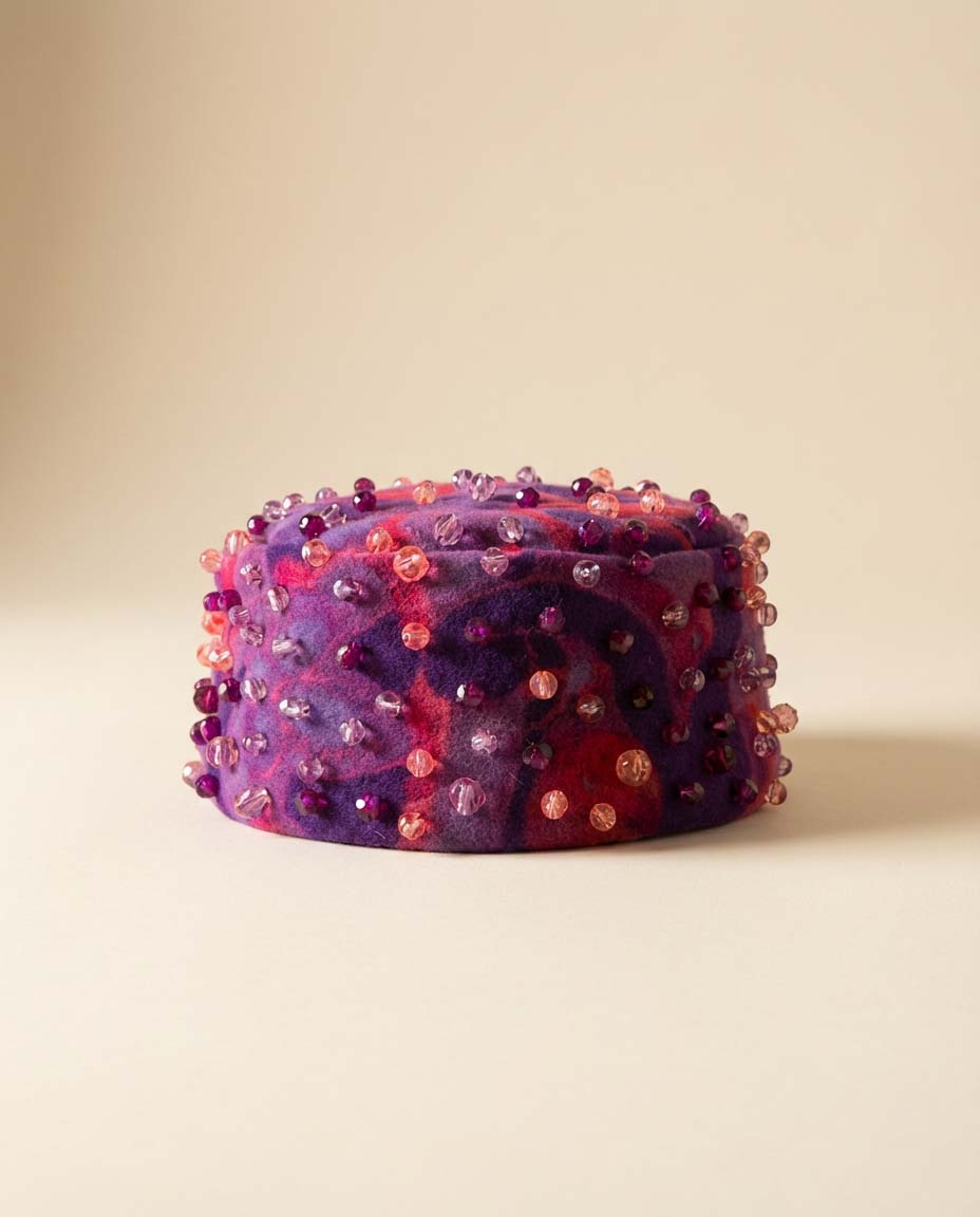 Vintage 1960s Miss Sally Victor New York Beaded Pillbox Hat – Purple and Pink Felt Hat