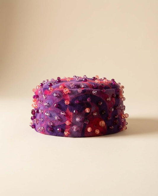 Vintage 1960s Miss Sally Victor New York Beaded Pillbox Hat – Purple and Pink Felt Hat