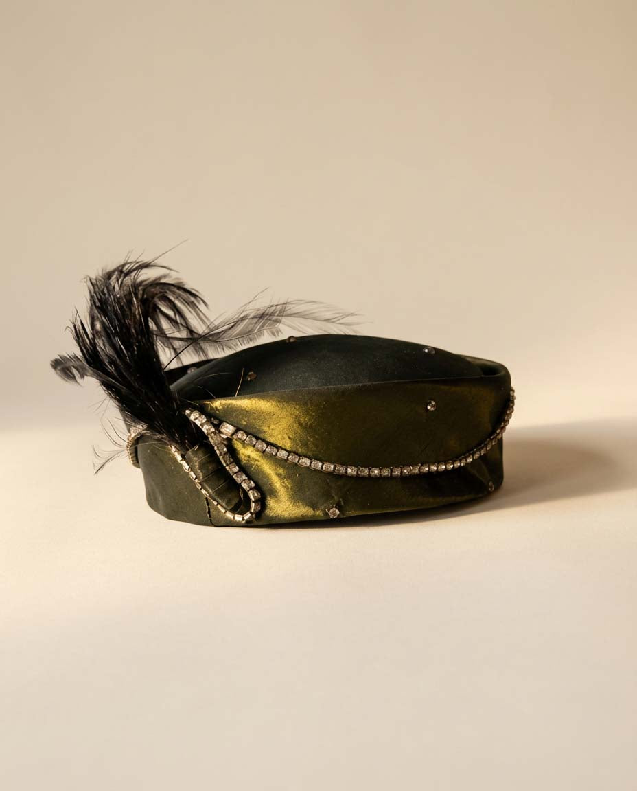 Vintage 1950s Olive Green Satin Pillbox Hat – Rhinestone Trim & Feather Mid-Century Evening Hat