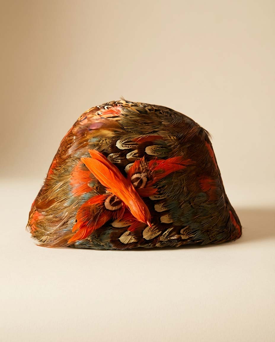 Vintage 1950s Pheasant Feather Hat – Autumn Tones Feathered Cocktail Cloche with Orange Accent