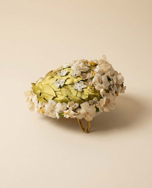 Vintage 1950s Suzanne Model Bridal Floral Hat – Ivory Blossoms & Green Silk Leaves Wedding Fascinator