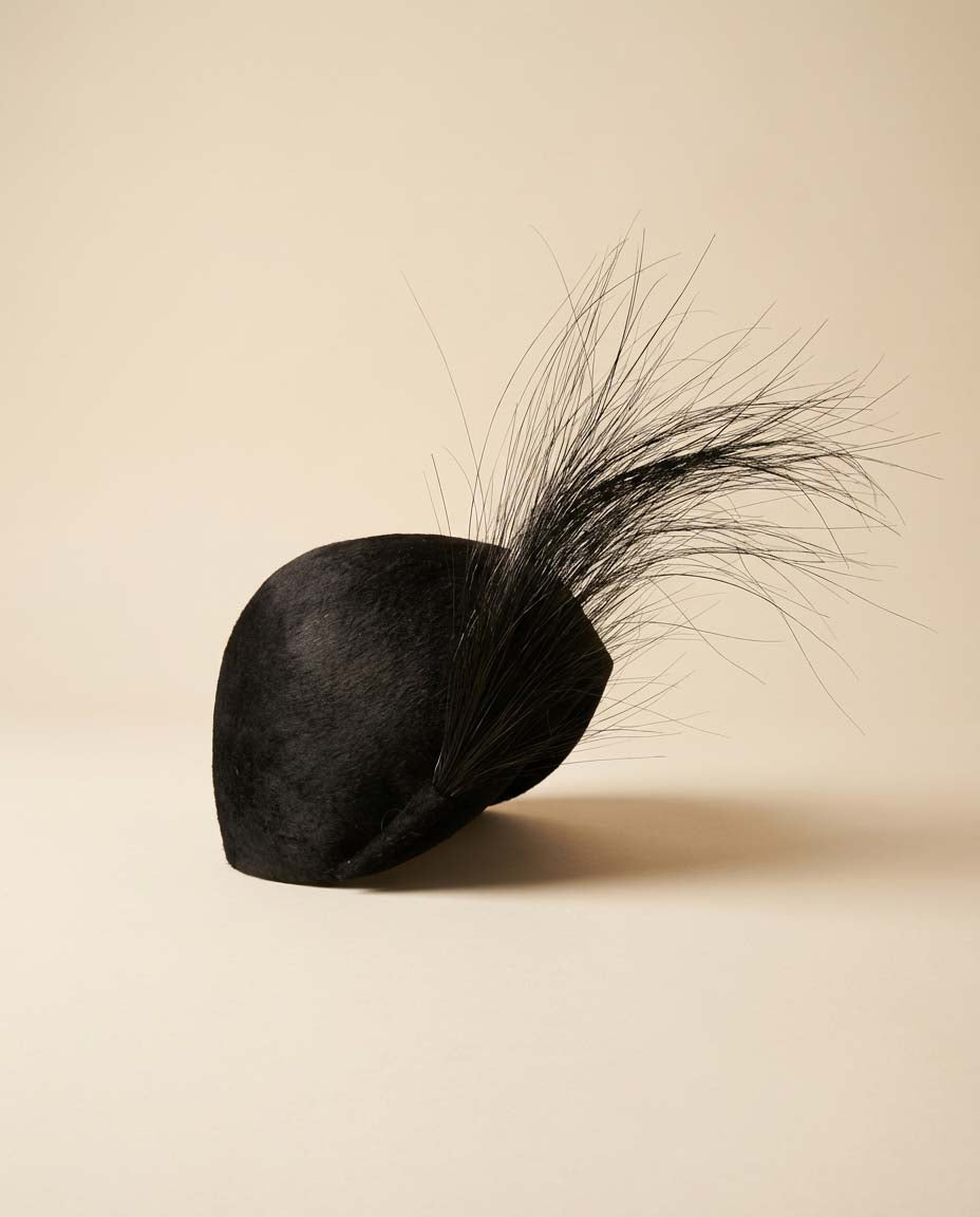Vintage Don Anderson New York Black Velvety Felt Hat – 1950s Sculpted Toque with Dramatic Feather Plume, Mid Century Designer Cocktail Hat