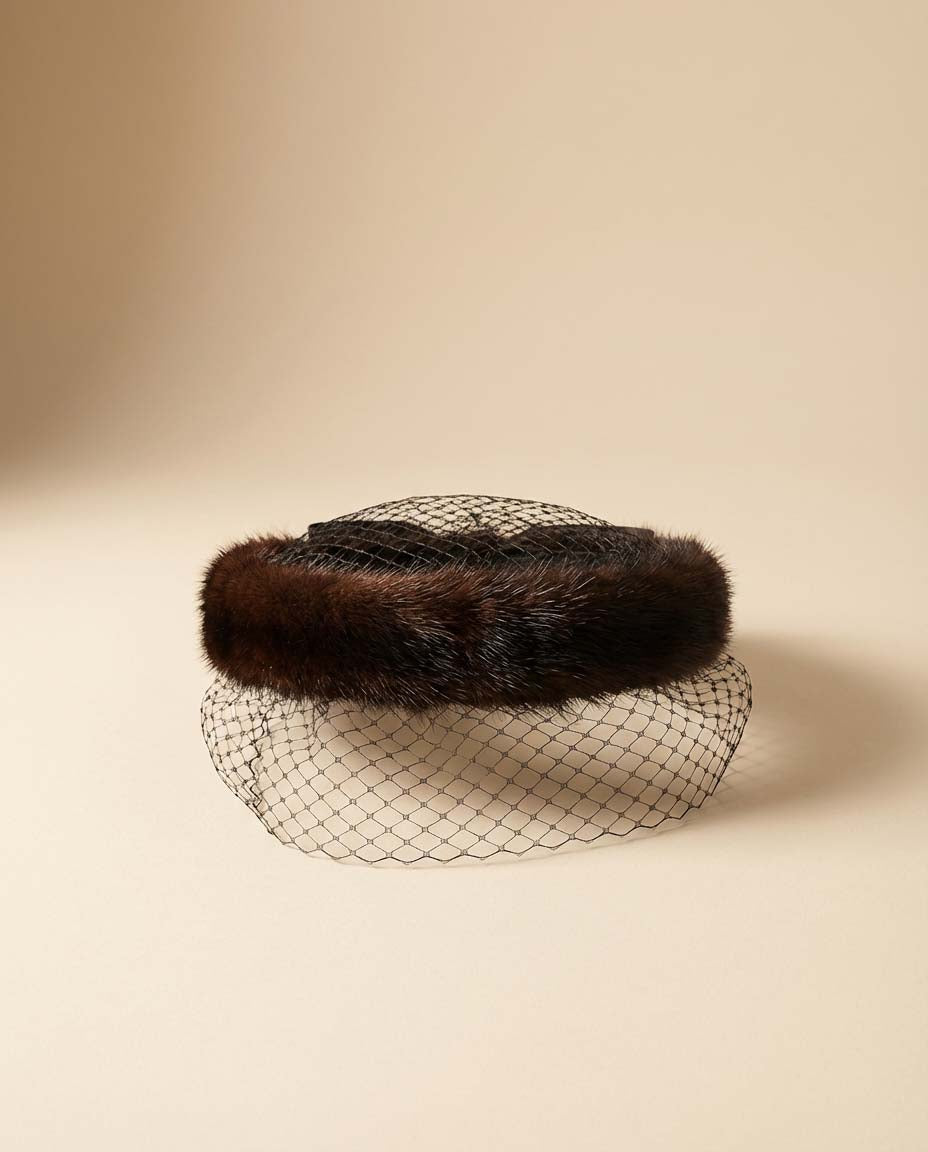 Vintage 1950s Valerie Modes Veiled Cocktail Hat – Mink Fur Trim Fascinator with Netting