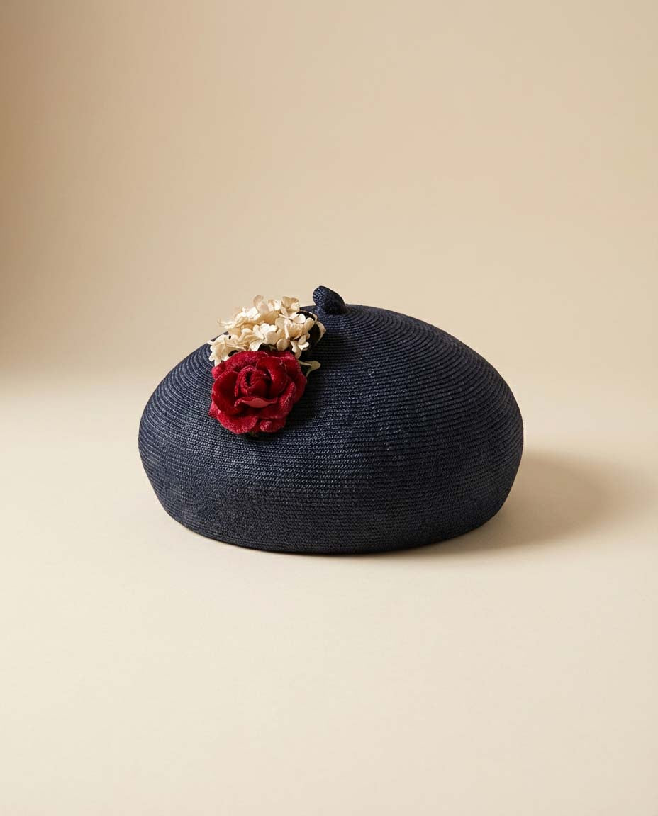 Vintage 1950s Dobbs Fifth Avenue Dark Navy Straw Beret Hat with Velvet Rose and Floral Trim – Mid Century Cocktail Hat
