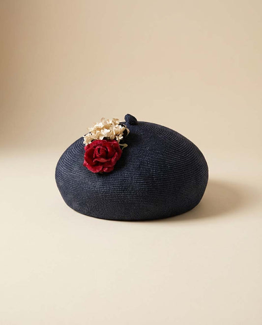 Vintage 1950s Dobbs Fifth Avenue Dark Navy Straw Beret Hat with Velvet Rose and Floral Trim – Mid Century Cocktail Hat
