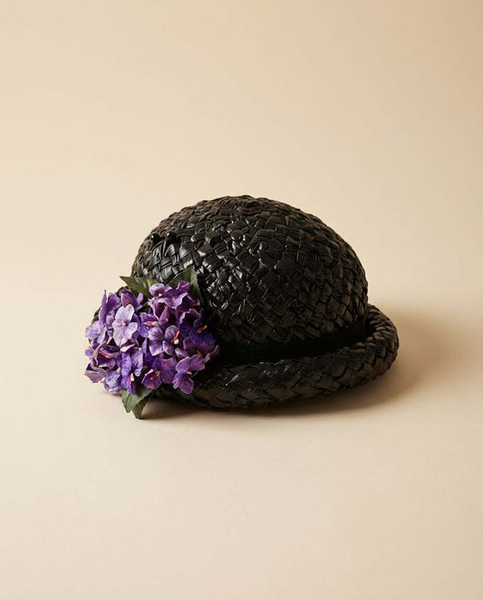 Vintage 1950s Black Woven Straw Hat with Purple Floral Trim – Classic Mid-Century Garden Party Hat