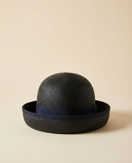Vintage Bramsen Black Straw Statement Bowler Style Hat – Classic Mid-Century Structured Derby Hat