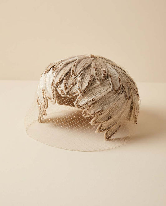 Vintage 1950s Ivory Glittery Leaf Cocktail Hat with Veil – Ziegfeld Follies Showgirl Style Fascinator