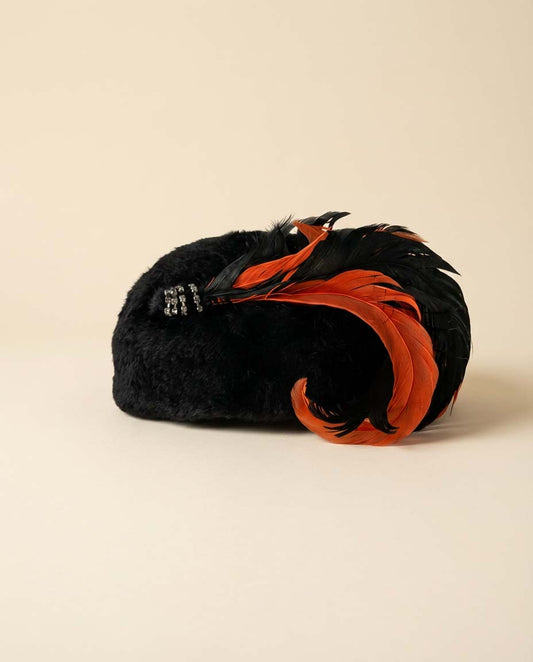 Vintage 1940s Black Fur Cocktail Hat – Feather Trim Bun Opening Tilt Hat