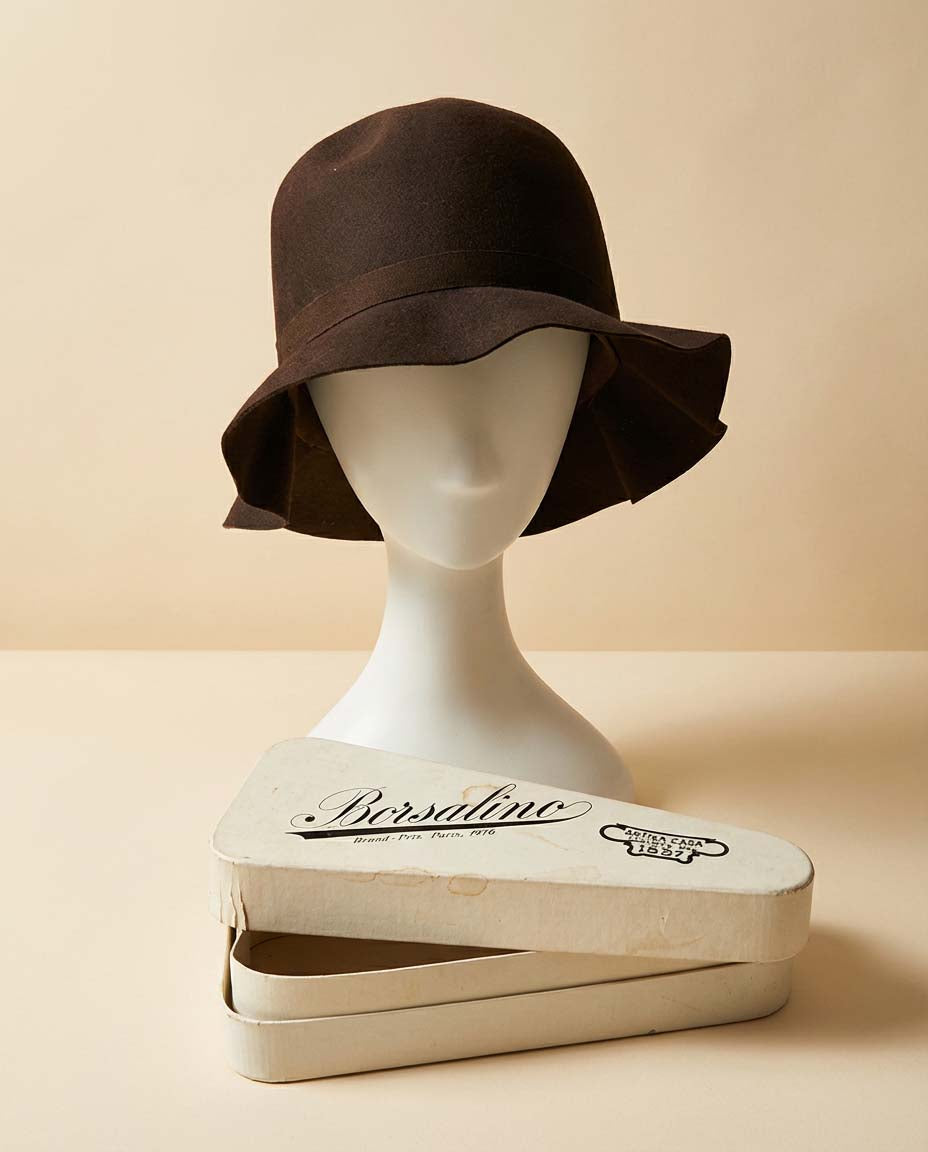 Vintage Borsalino Brown Felt Cloche Hat with Original Hat Box – Classic Italian Designer Millinery