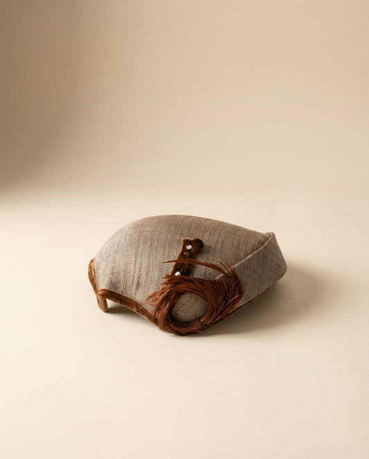 Vintage 1950s Taupe Straw Cocktail Hat with Feather Trim – Mid Century Sculptural Tilt Hat