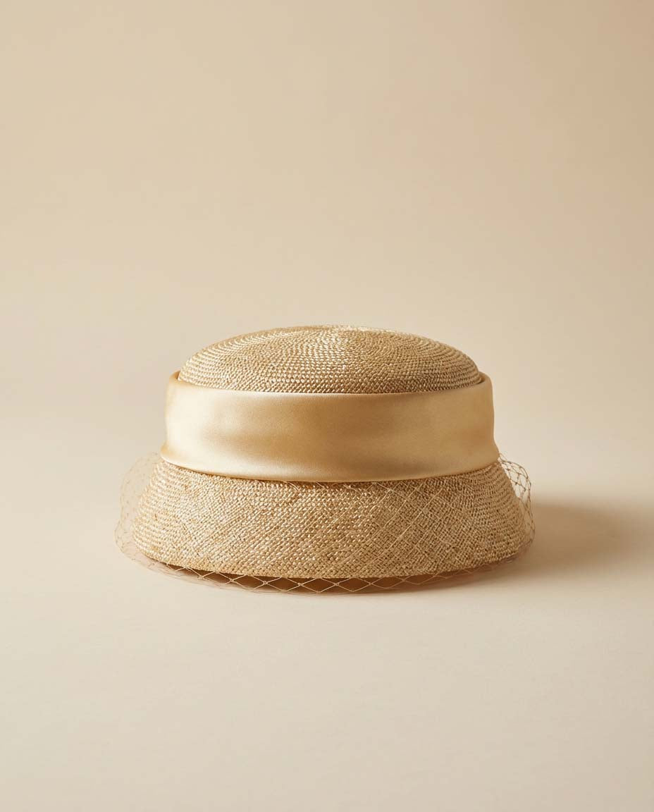 Vintage 1950s Eadi - Lazarus Columbus Ivory Straw Pillbox Hat – Satin Band with Birdcage Veil & Ribbon Tails