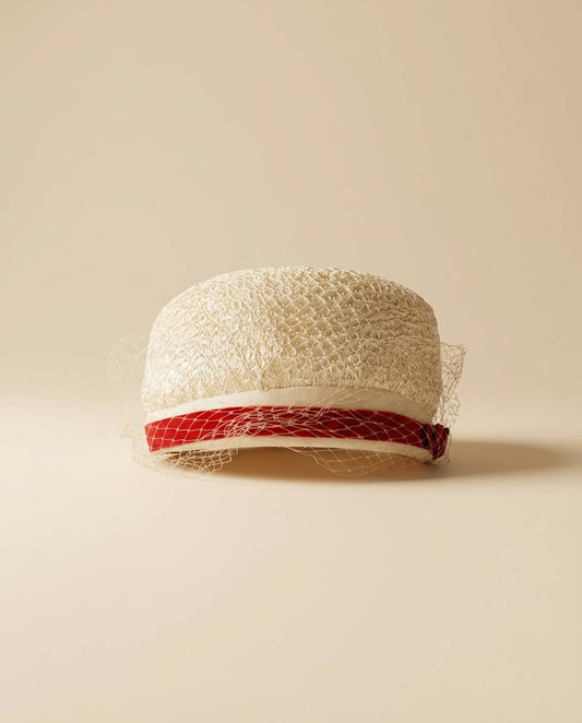 Vintage 1960s Mark III Ivory Textured Pillbox Hat – Red Satin Band with Birdcage Veil