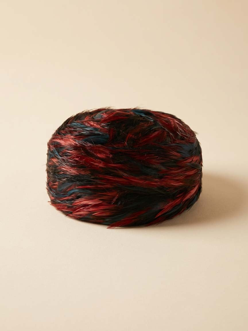 Vintage 1960s Red & Black Feather Pillbox Hat – Textured Feather Swirl Cocktail Hat