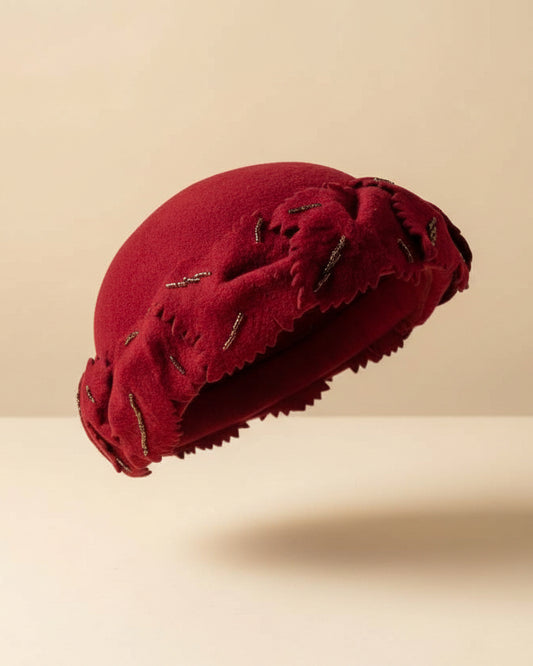 Vintage Red Felt Leaf Hat – Mid-Century Floral Appliqué Cocktail Hat with Gold Beading